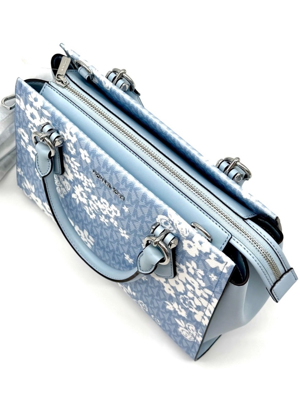 Michael Kors Marilyn Medium Printed Signature Logo Satchel Bag - Pale Ocean - Picture 6 of 8